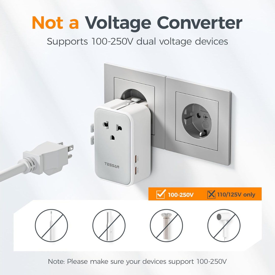 TESSAN GM-3001DCR-GR 25W Ultra-Thin Universal Travel Adapter