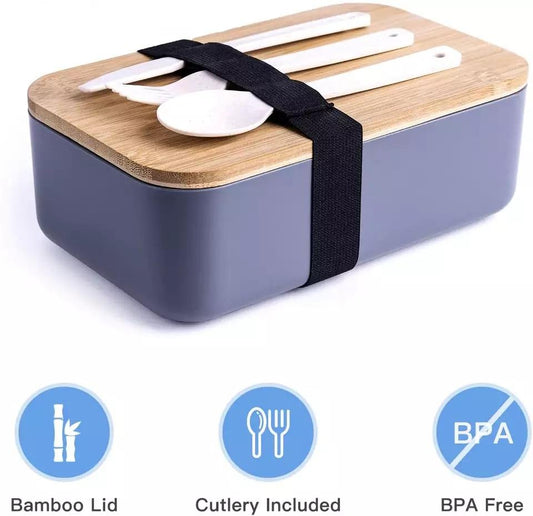 Japanese Style Single Bento Box Wood cover Leak-proof Premium Bento Lunch Box for Adults & Kids Air tight, Durable, Microwave Safe and Dishwasher 1200ML Food Container with Spoon Fork Picnic Food Storage VMI Direct