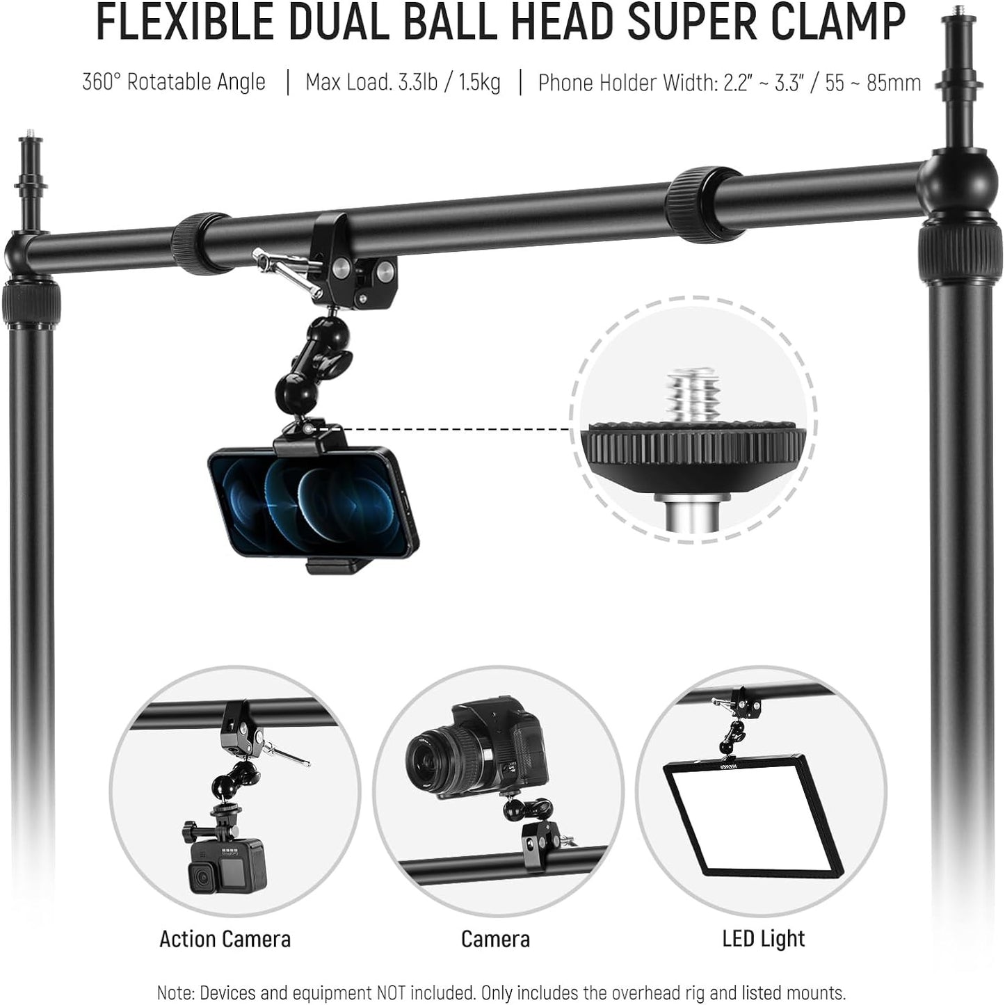 LS15 Overhead Camera Mount Rig with Dual Ball Head Super Clamp Phone Holder for Desktop Top Down Shots Metal Multi Device Mount Platform