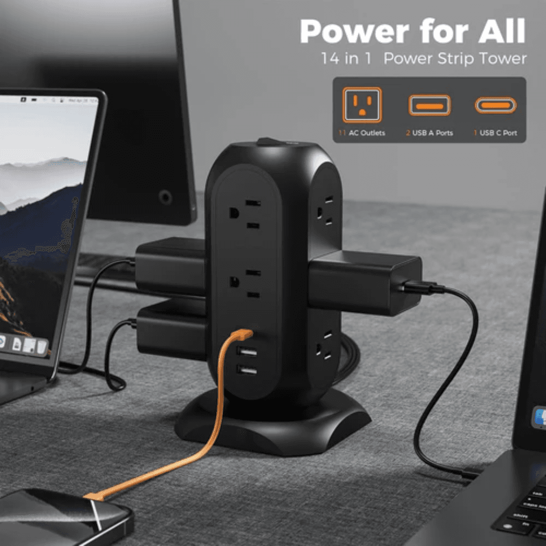 TESSAN TPS01AUS Surge Protector Power Tower Strip 6FT Ultra-thin Flat Plug Universal Compatibility Travel-friendly Surge Protection