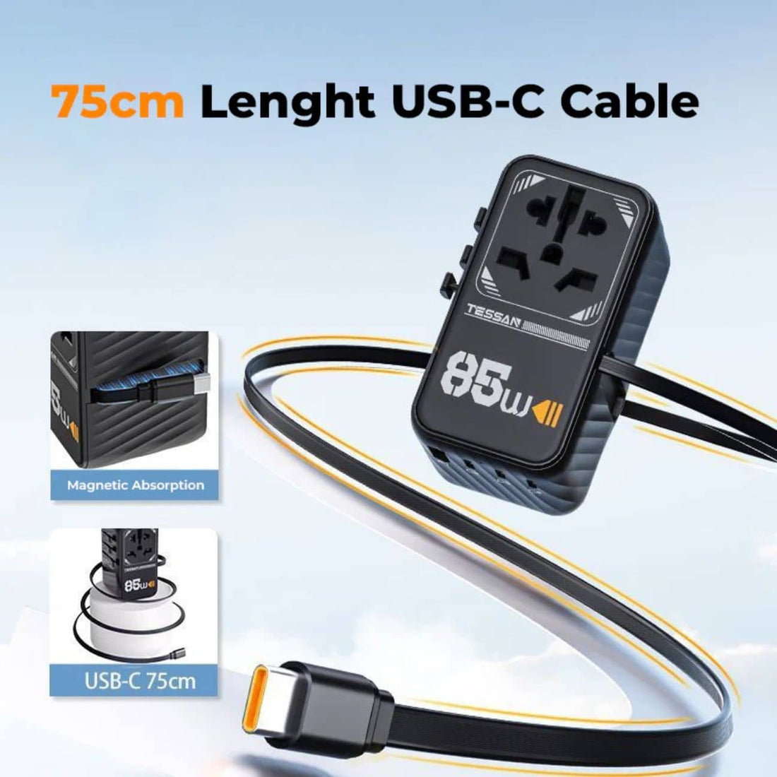 TESSAN TS-656EFW 85W Universal International Travel Adapter with Built-in USB-C Cable