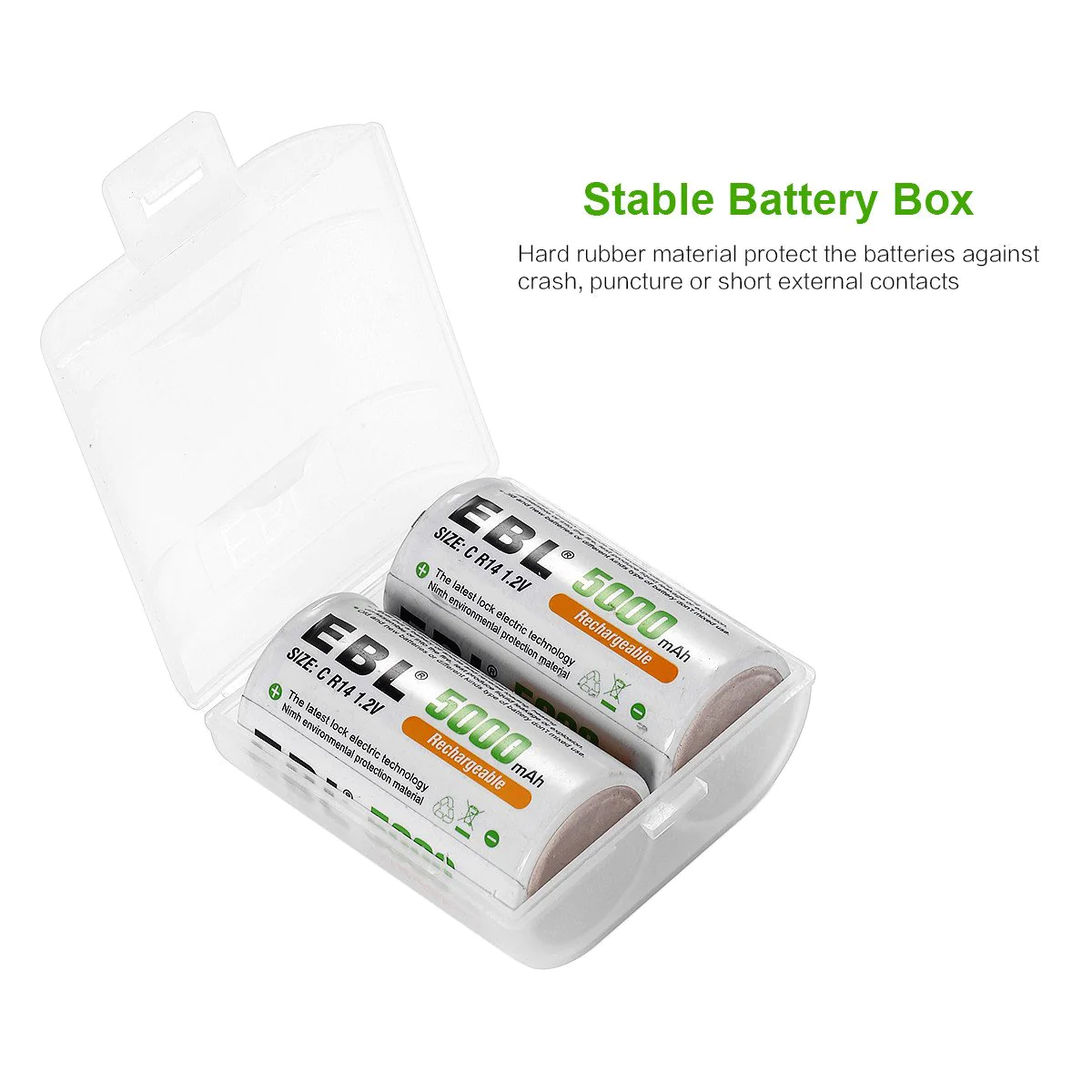 EBL LN-8151 1.2V C Cell 5000mAh Rechargeable NiMH Battery Pack of 2 with Included Storage Case - VMI