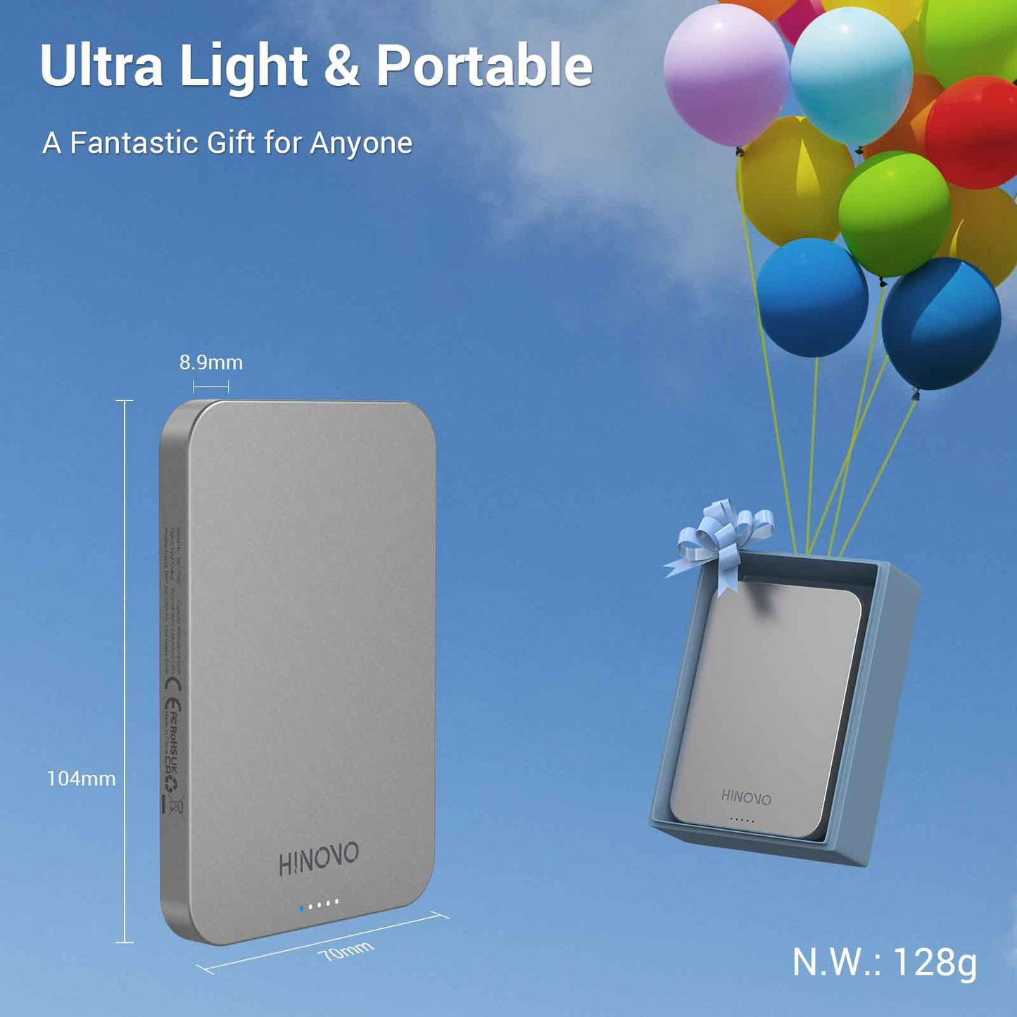 HINOVO MB1-5000/10000 Metal Portable Magnetic Wireless Powerbank Wireless Portable Charger 20W Wireless Phone Charger Powerbank Compatibility Air Pods iPhone 13/13 Pro/13 Pro Max/13 Mini iPhone 12/12 Pro/12 Pro Max/12 Mini Powerbank with magnetic case VMI