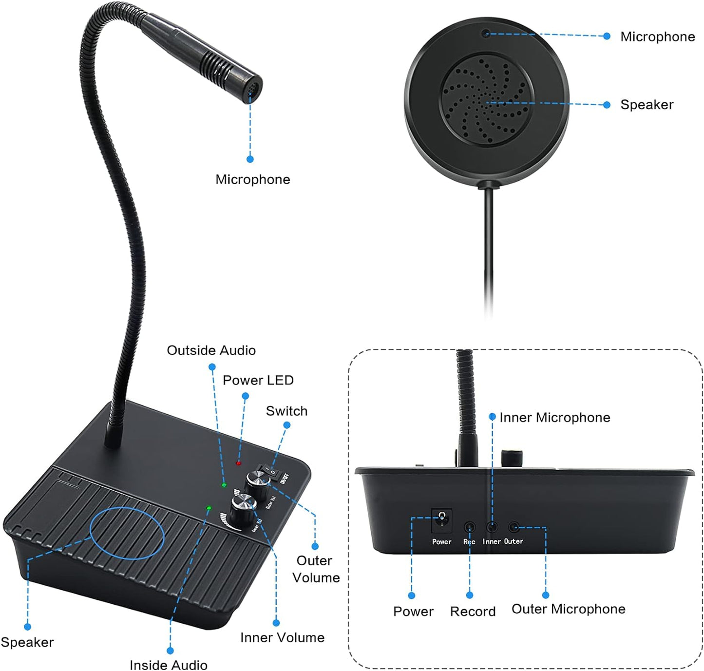 DAYTECH WI07 WI08 Window Speaker System 10 Meters Cord Window Intercom System Anti-Interference Dual Way Bank Counter Intercom Intercommunication Microphone for Bank/Office/Station