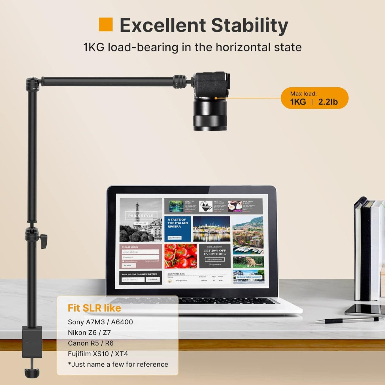 LS08 Professional Desktop Live Streaming Stand 3-Section Flexible Extendable Arm Aluminum Alloy