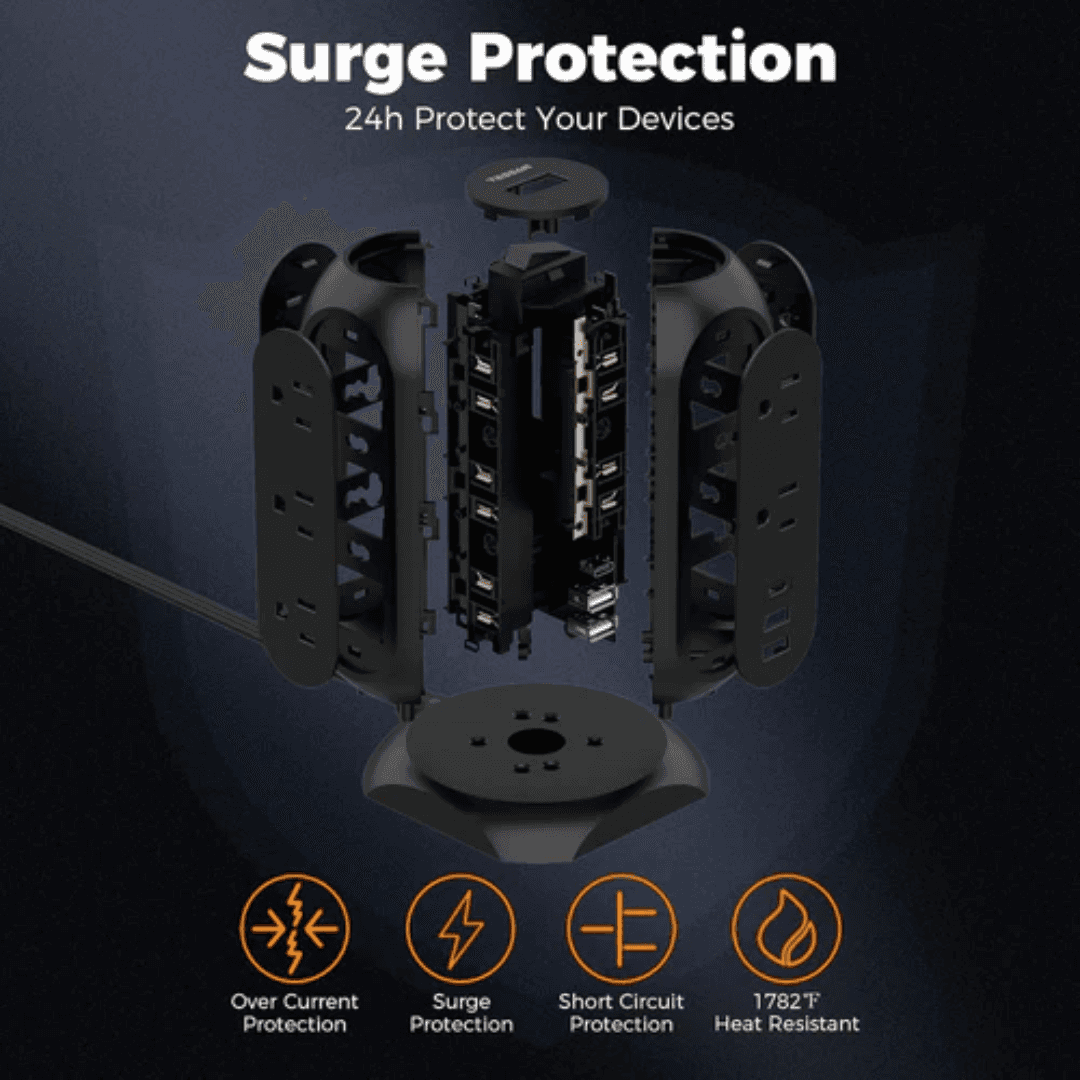 TESSAN TPS01AUS Surge Protector Power Tower Strip 6FT Ultra-thin Flat Plug Universal Compatibility Travel-friendly Surge Protection