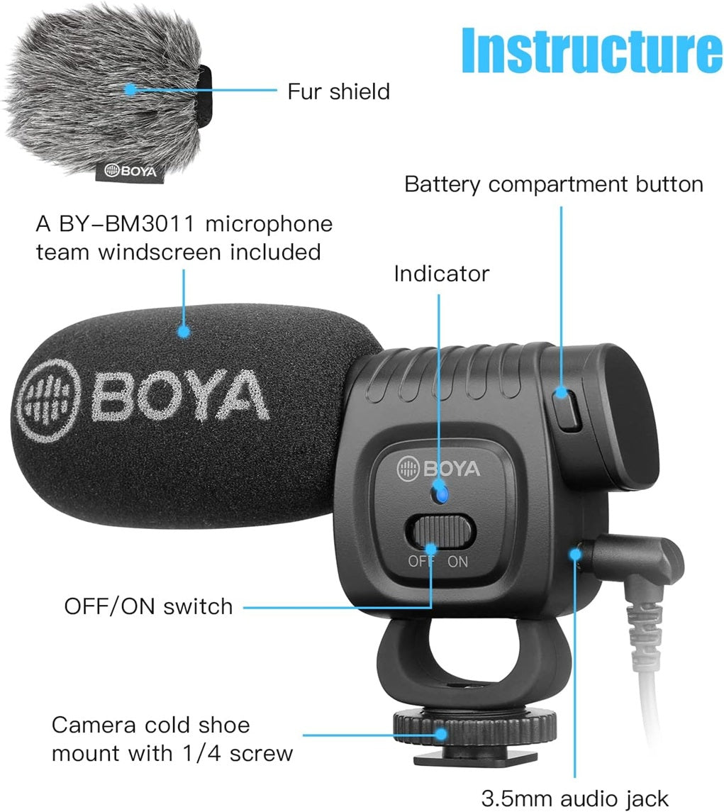 Boya BM3011 Compact Directional Condenser Shotgun Microphone for Smartphones Cameras Camcorders Audio Recorders Laptops Desktops