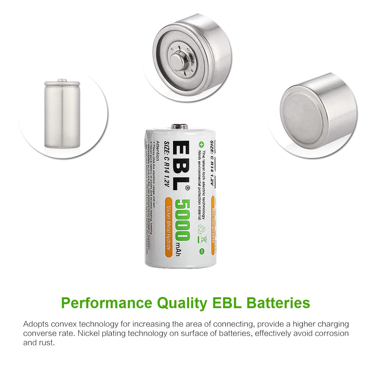 EBL LN-8151 1.2V C Cell 5000mAh Rechargeable NiMH Battery Pack of 2 with Included Storage Case - VMI