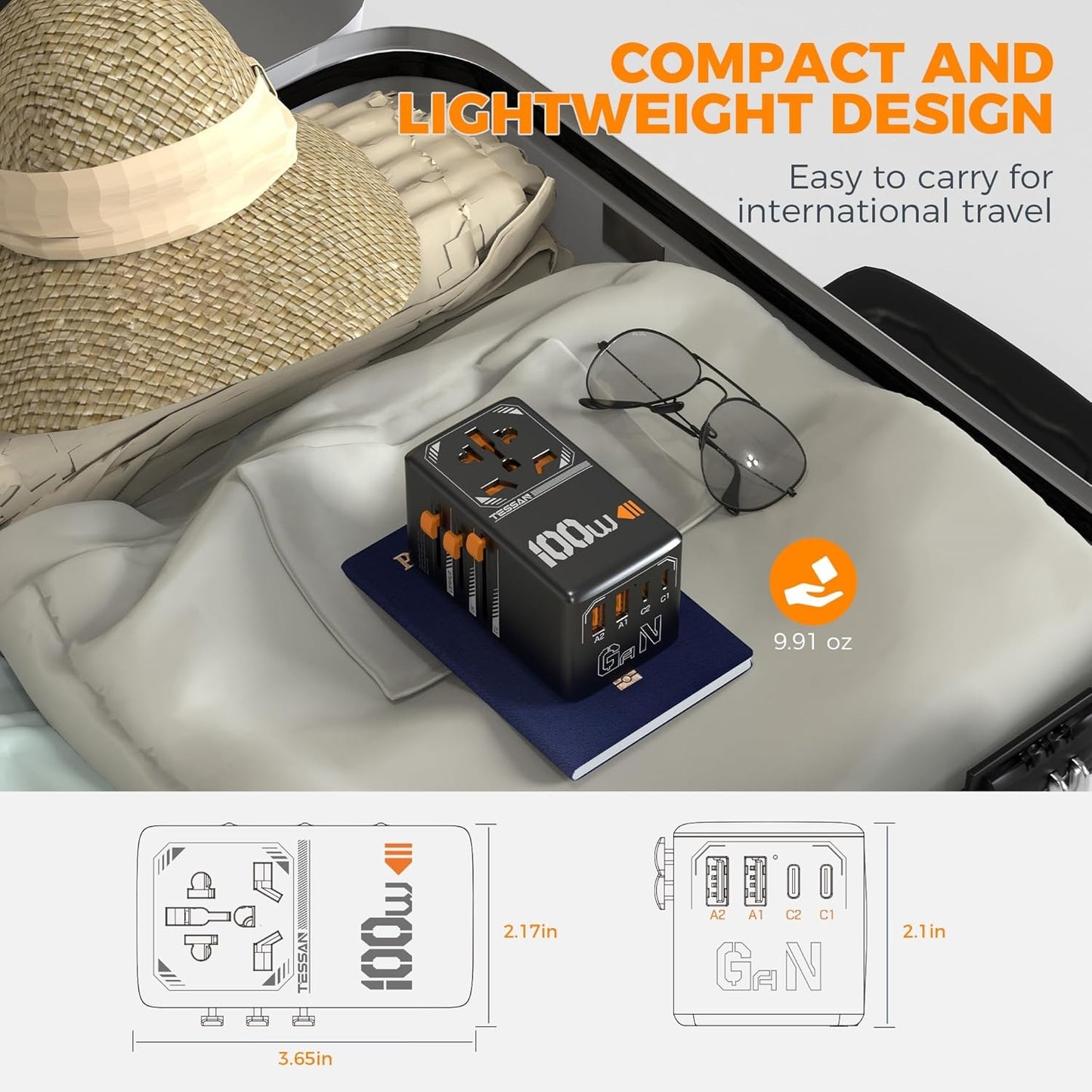 TESSAN TS-WTA03 Universal Travel Adapter with USB+Type C PD 65W Fast Charging Universal Plug Adaptor