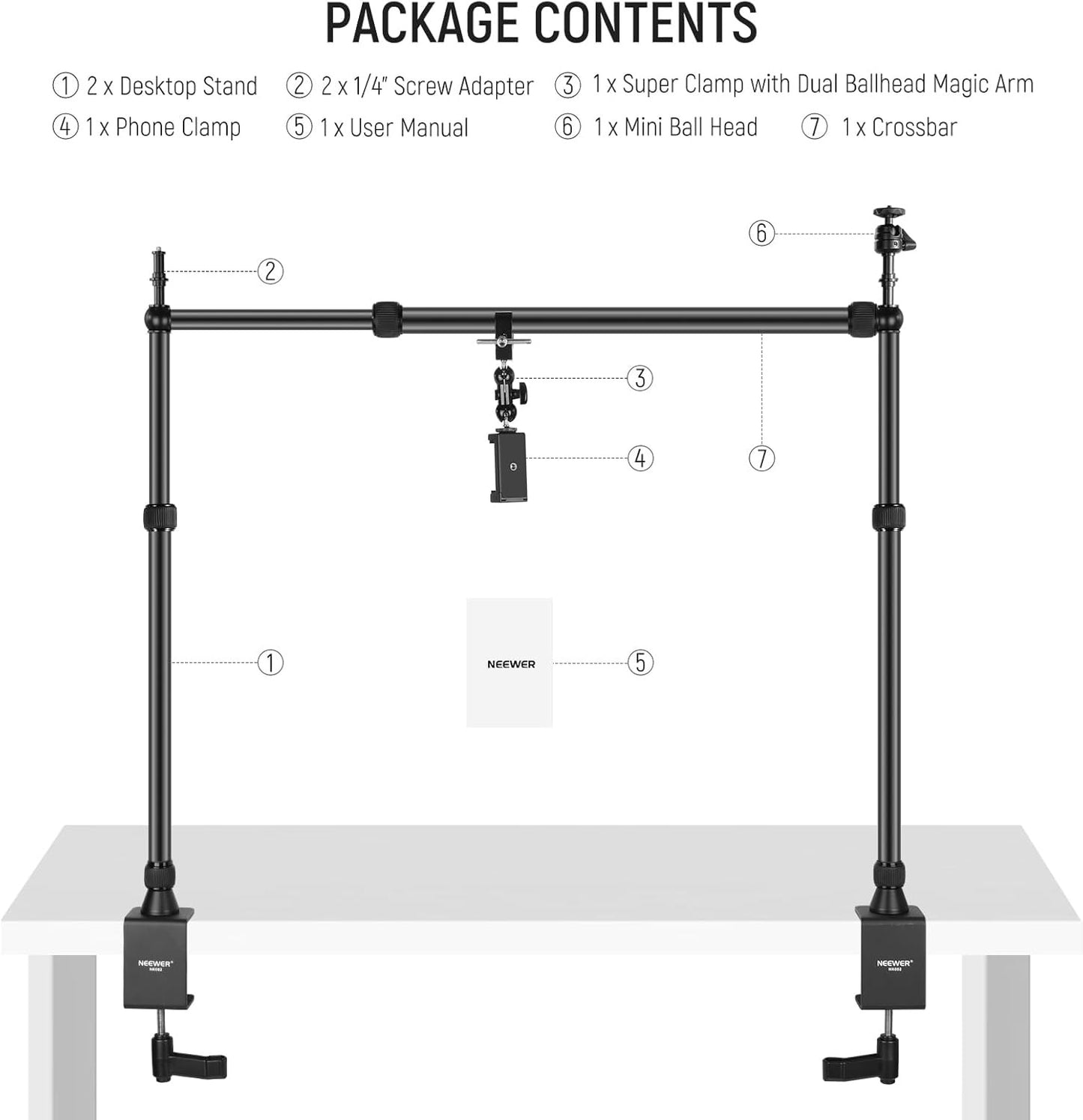 LS15 Overhead Camera Mount Rig with Dual Ball Head Super Clamp Phone Holder for Desktop Top Down Shots Metal Multi Device Mount Platform