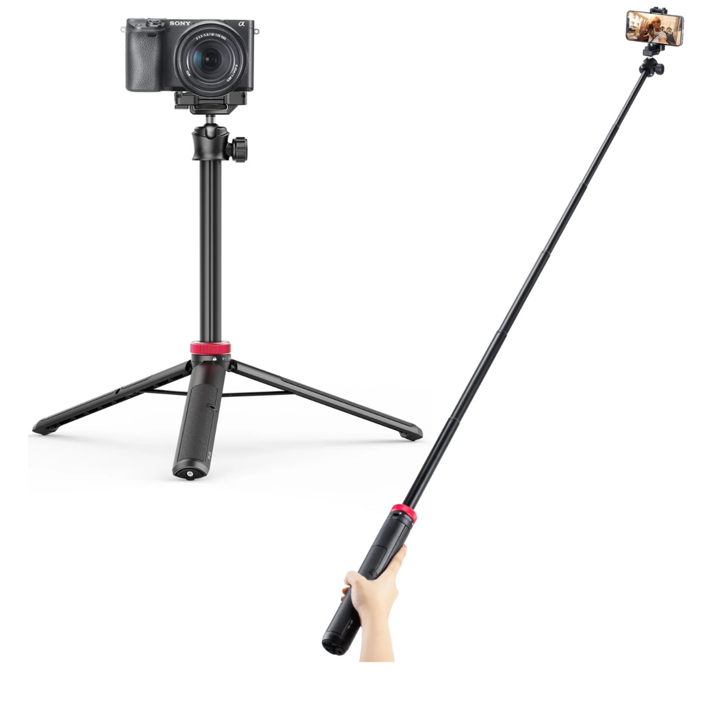 MT-44 Extendable Phone Tripod 59" Selfie Stick Phone Vlog Tripod Stand with 2 in 1 Phone Clip 360 Degrees Portable Telescopic Ball Head Camera Tripod Monopod for Phone Sony Canon GoPro Lightweight for Outdoor Travel Live Streaming Podcast - VMI Direct