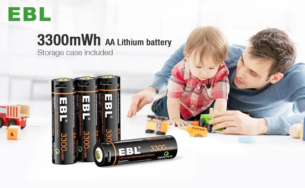 EBL TB-1443 1.5V AA 3000mAh Rechargeable Li-Ion Lithium Ion Battery with Built-In Micro USB Charging