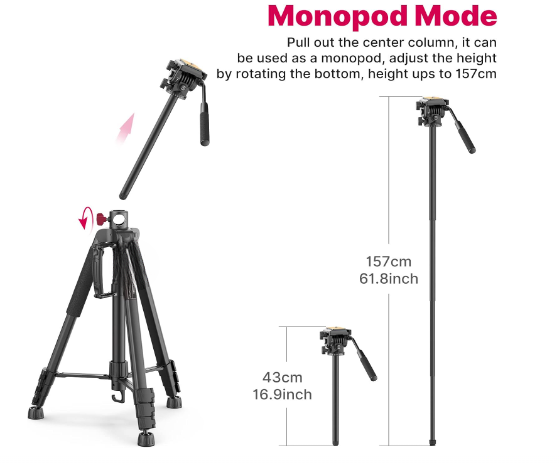 VT-02 Multifunctional Universal Tripod/Monopod Professional Overhead Tripod with Fluid Head Lightweight Aluminum 360 Panoromic and Vertical  Shots Different Angles for Photography and Videography DSLR Camcorder Smartphones