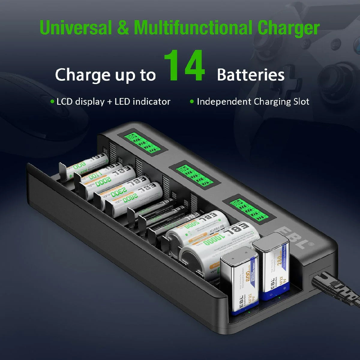 EBL TB-6036US 12+2 Bay LCD Battery Charger for Double AA Triple AAA LCD Rechargeable Battery Charger