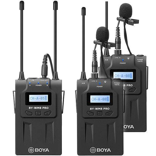 Boya BY-WM8 Pro K2 UHF Dual Channel wireless Lapel Receiver with Two Lavalier Microphone Transmitter