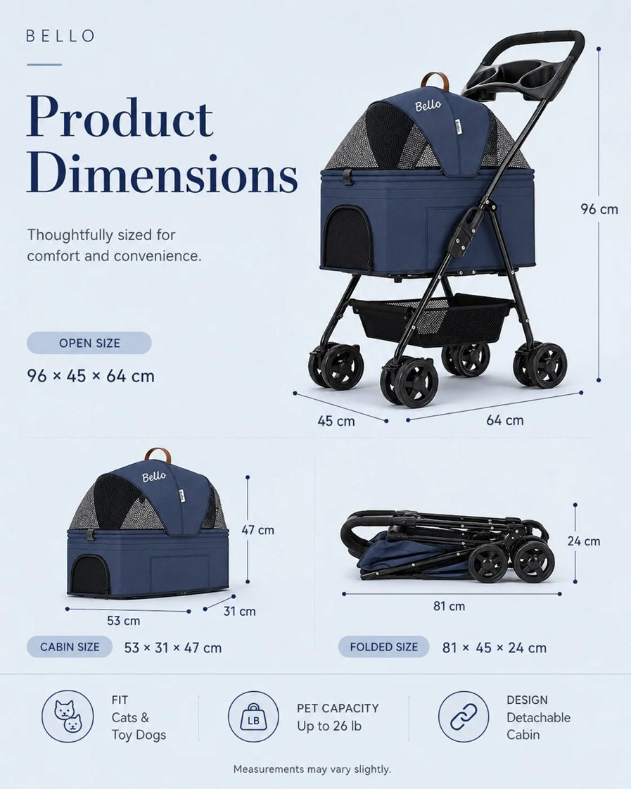 Bello SP02F2K 2in1 Detachable Lightweight Foldable Portable Pet Stroller Dog Cat Cart for Travel VMI