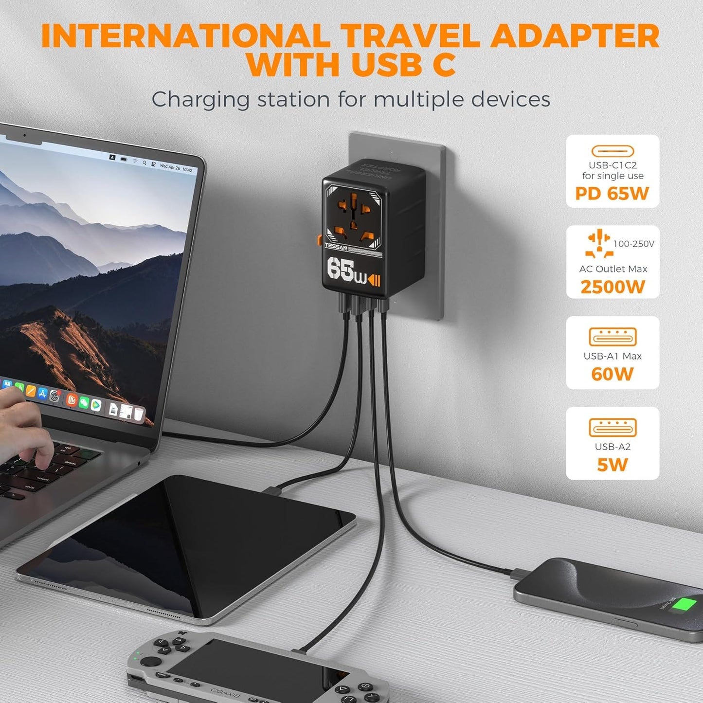 TESSAN TS-WTA03 Universal Travel Adapter with USB+Type C PD 65W Fast Charging Universal Plug Adaptor