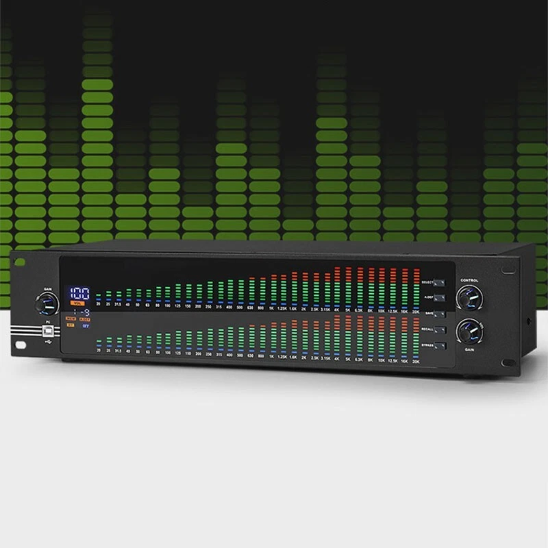 Xtuga EQ-323 Professional Graphic Equalizer 2U Dual 31 Bands Spectrum Audio Equalizer Home Conference Performance Bar EQ Tuner AC 100-240V