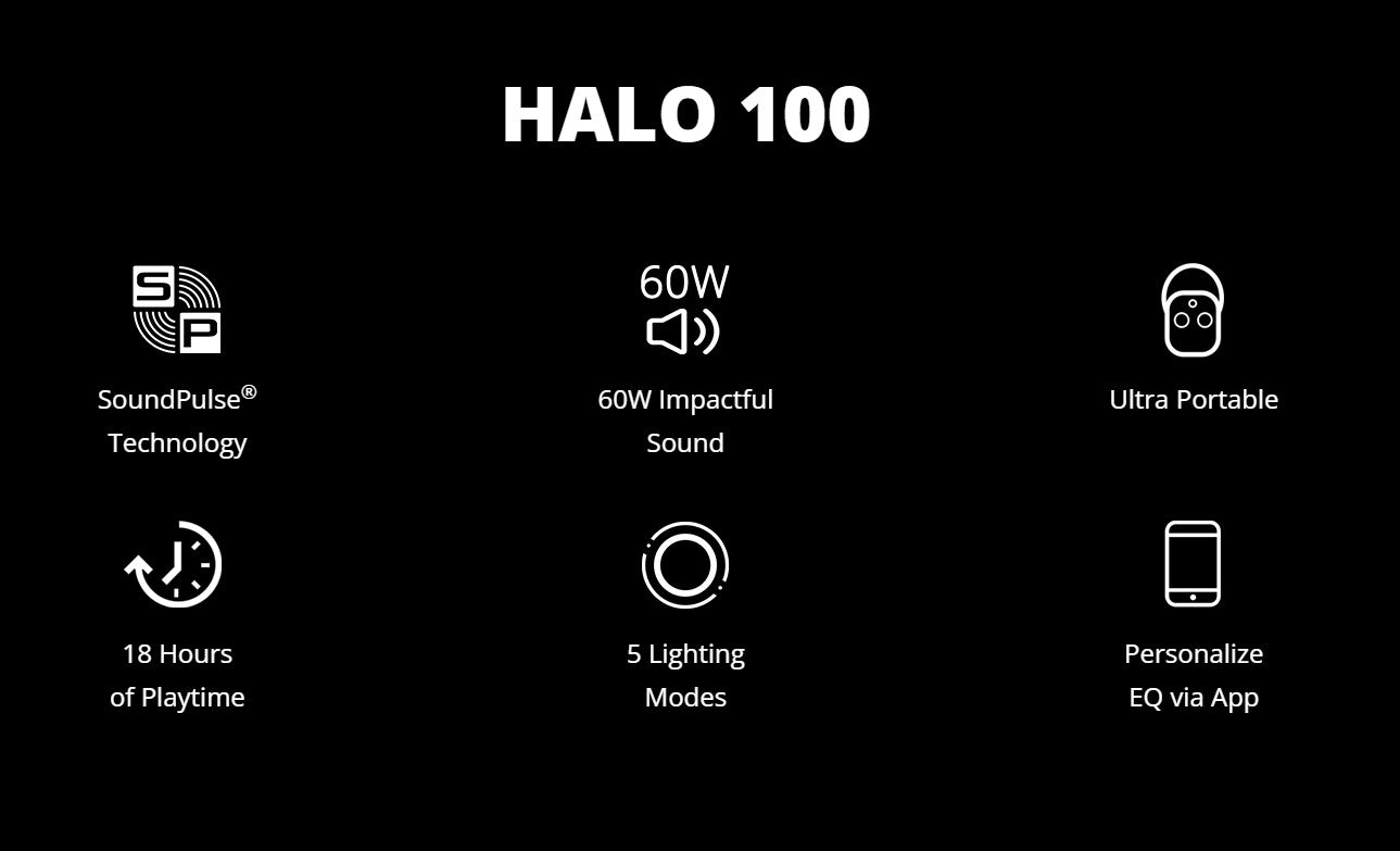 Tronsmart Halo 100 Portable Party Speaker 3-Way Sound System Splendid Lighting Effects Ultra Portable with Handle 18 Hours of Playtime Stereo Pairing Personalize Audio Effects via App Dual Audio Modes Party Speaker 60W Strong Power IPX6 Waterproof - VMI