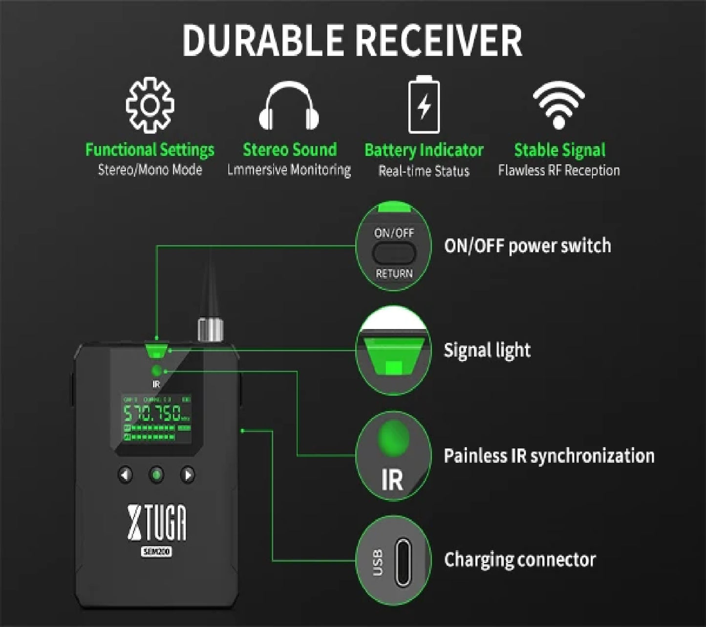 XTUGA SEM200 UHF Stereo Wireless In Ear Monitor System