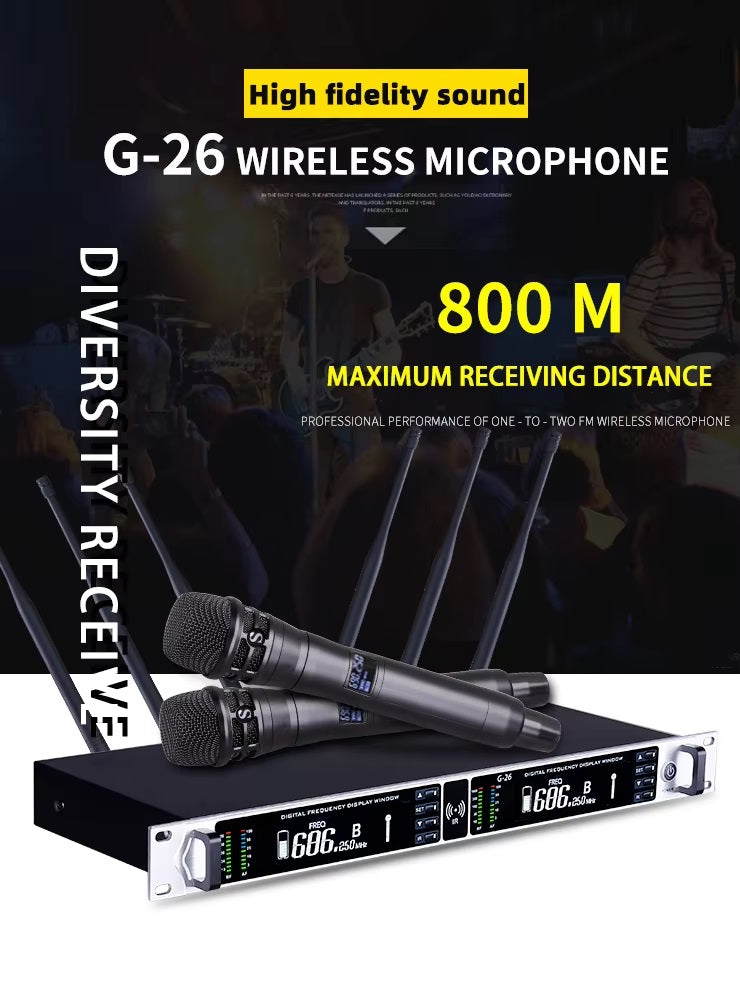 XTUGA G26 true diversity microphone system with two handheld mics and 800m receiving distance