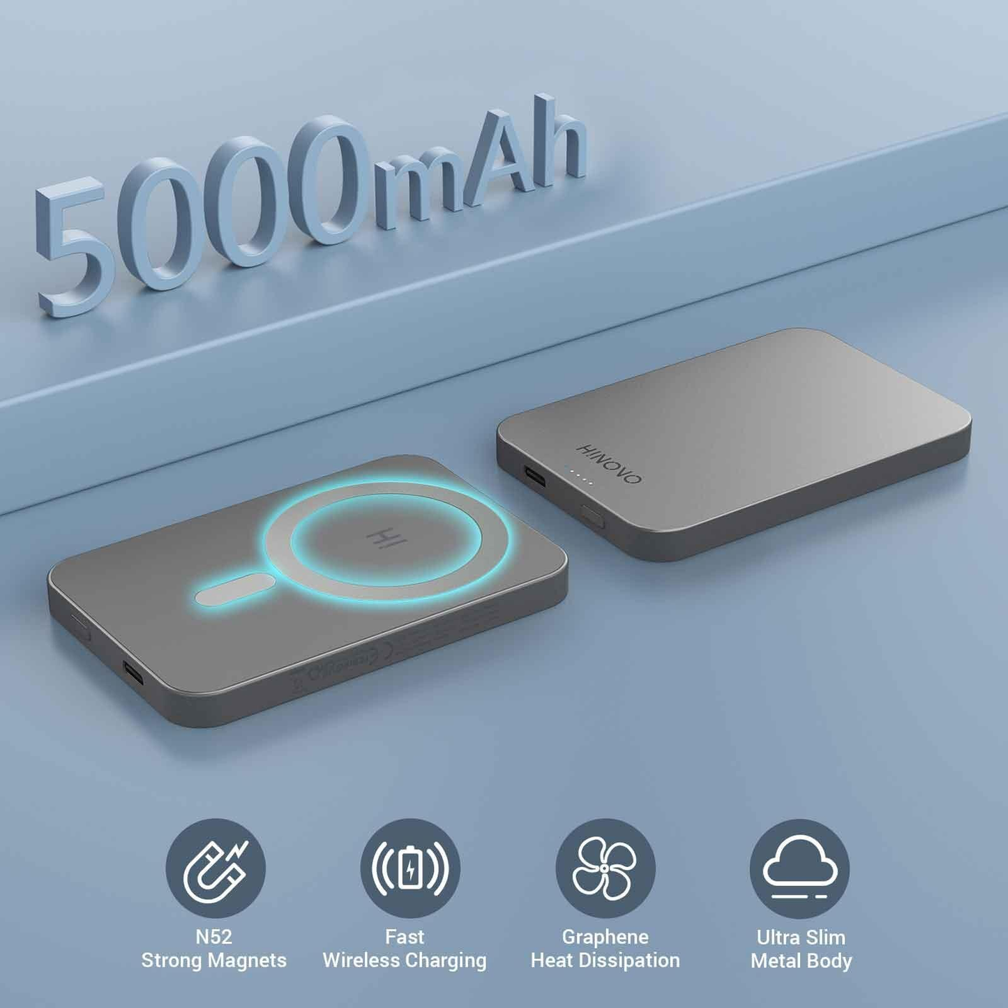 HINOVO MB1-5000/10000 Metal Portable Magnetic Wireless Powerbank Wireless Portable Charger 20W Wireless Phone Charger Powerbank Compatibility Air Pods iPhone 13/13 Pro/13 Pro Max/13 Mini iPhone 12/12 Pro/12 Pro Max/12 Mini Powerbank with magnetic case VMI