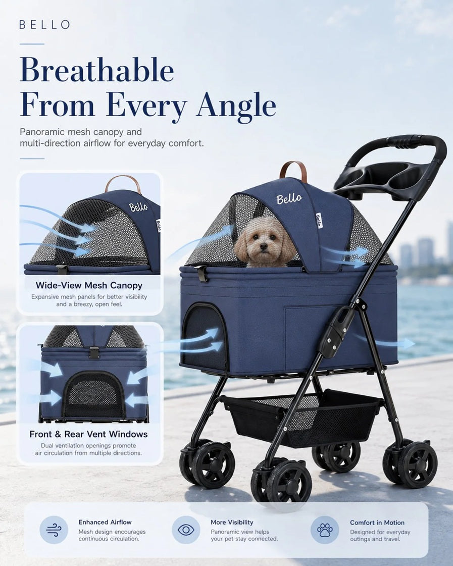 Bello SP02F2K 2in1 Detachable Lightweight Foldable Portable Pet Stroller Dog Cat Cart for Travel VMI