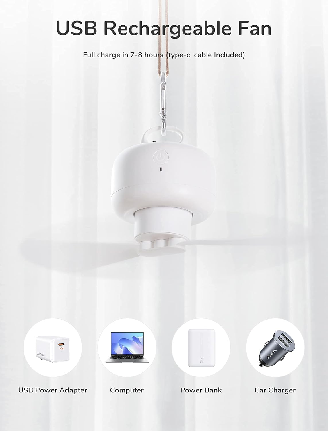 JISULIFE FA16 8000mAh Remote Control Type C USB Storage Ceiling Ultra Portable Ceiling Fan Quiet Rechargeable Electric Hanging Fan 4 Gears Wind with Remote Control for Indoor and Outdoor