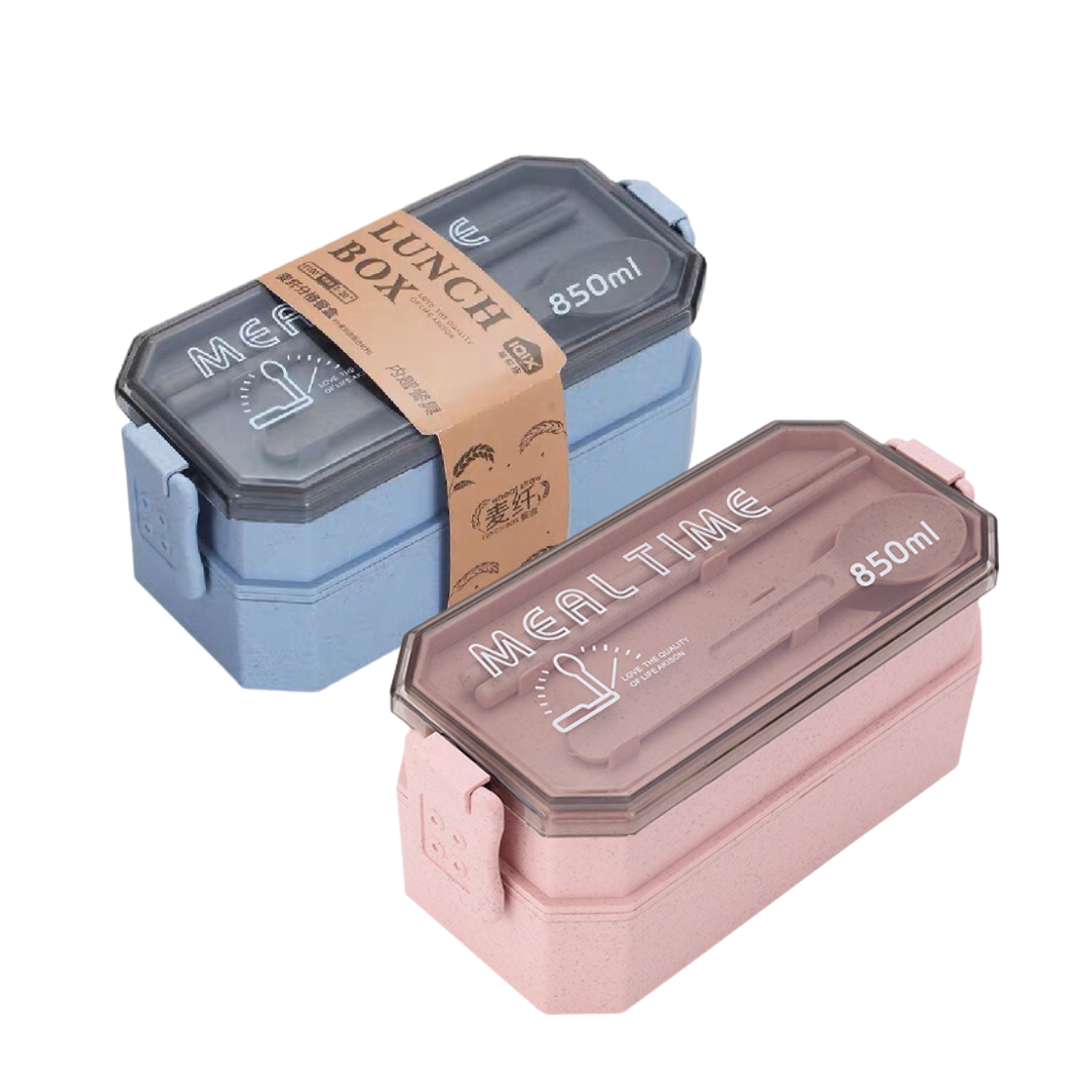 850ml Wheat Straw 2-Layer Bento Lunch Box in Pink and Blue for Convenient Meal Storage