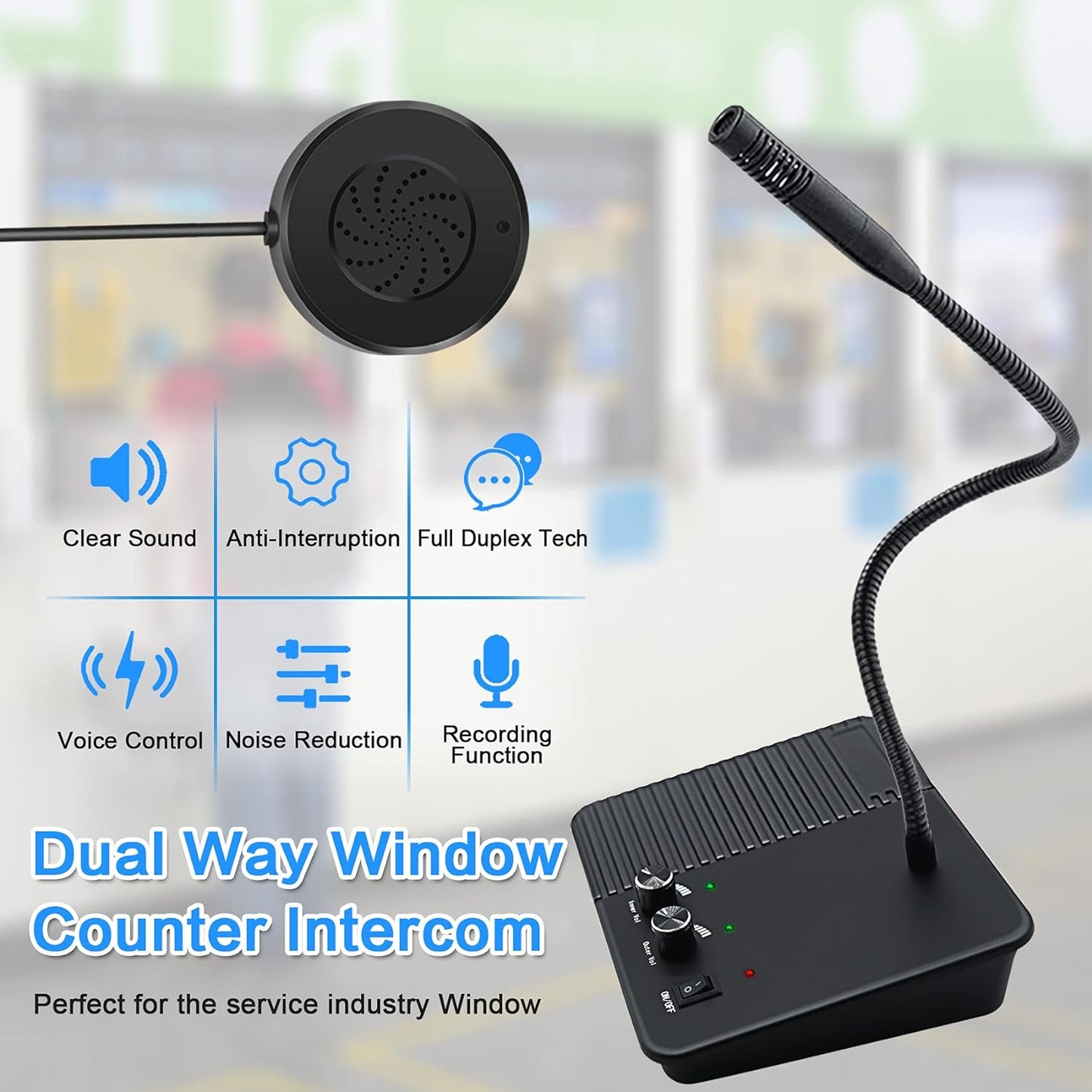 DAYTECH WI07 WI08 Window Speaker System 10 Meters Cord Window Intercom System Anti-Interference Dual Way Bank Counter Intercom Intercommunication Microphone for Bank/Office/Station