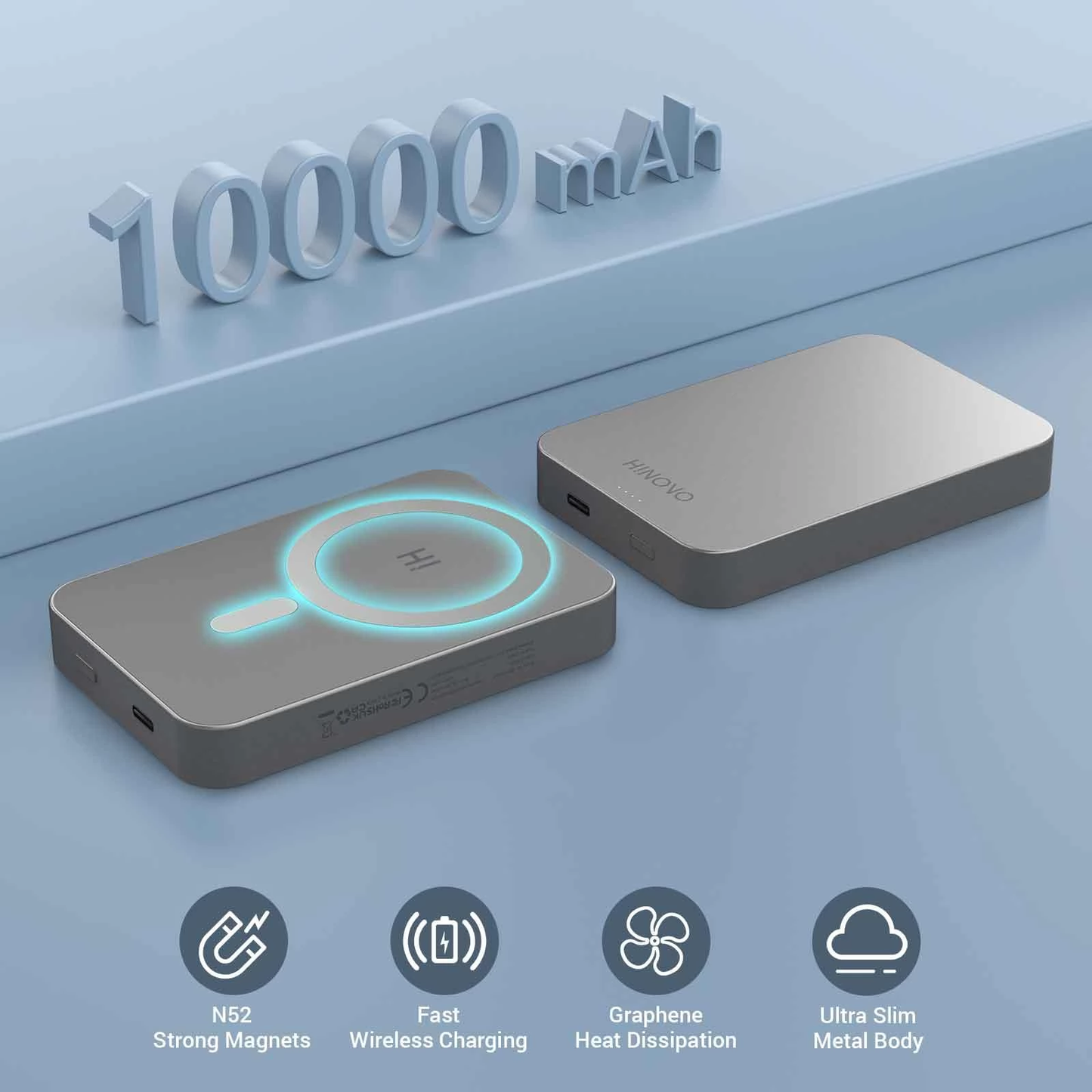 HINOVO MB1-5000/10000 Metal Portable Magnetic Wireless Powerbank Wireless Portable Charger 20W Wireless Phone Charger Powerbank Compatibility Air Pods iPhone 13/13 Pro/13 Pro Max/13 Mini iPhone 12/12 Pro/12 Pro Max/12 Mini Powerbank with magnetic case VMI