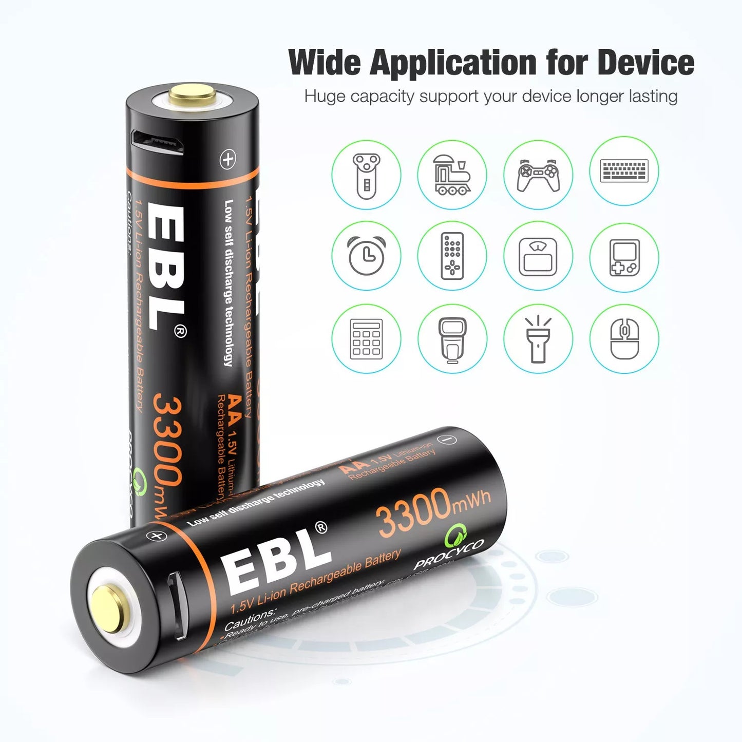 EBL TB-1443 1.5V AA 3000mAh Rechargeable Li-Ion Lithium Ion Battery with Built-In Micro USB Charging