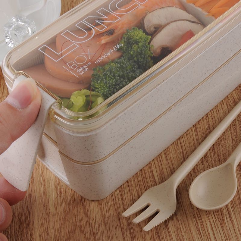 Lunch box 2Layer Portable flat lid container plastic bento Microwavable Lunchbox with spoon and fork