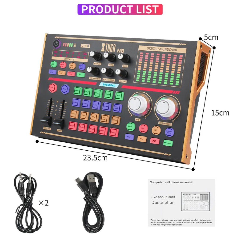 XTUGA N8 Sound Card Bluetooth Audio Live Broadcast, Portable Podcast Equipment, 20 Sound Effects