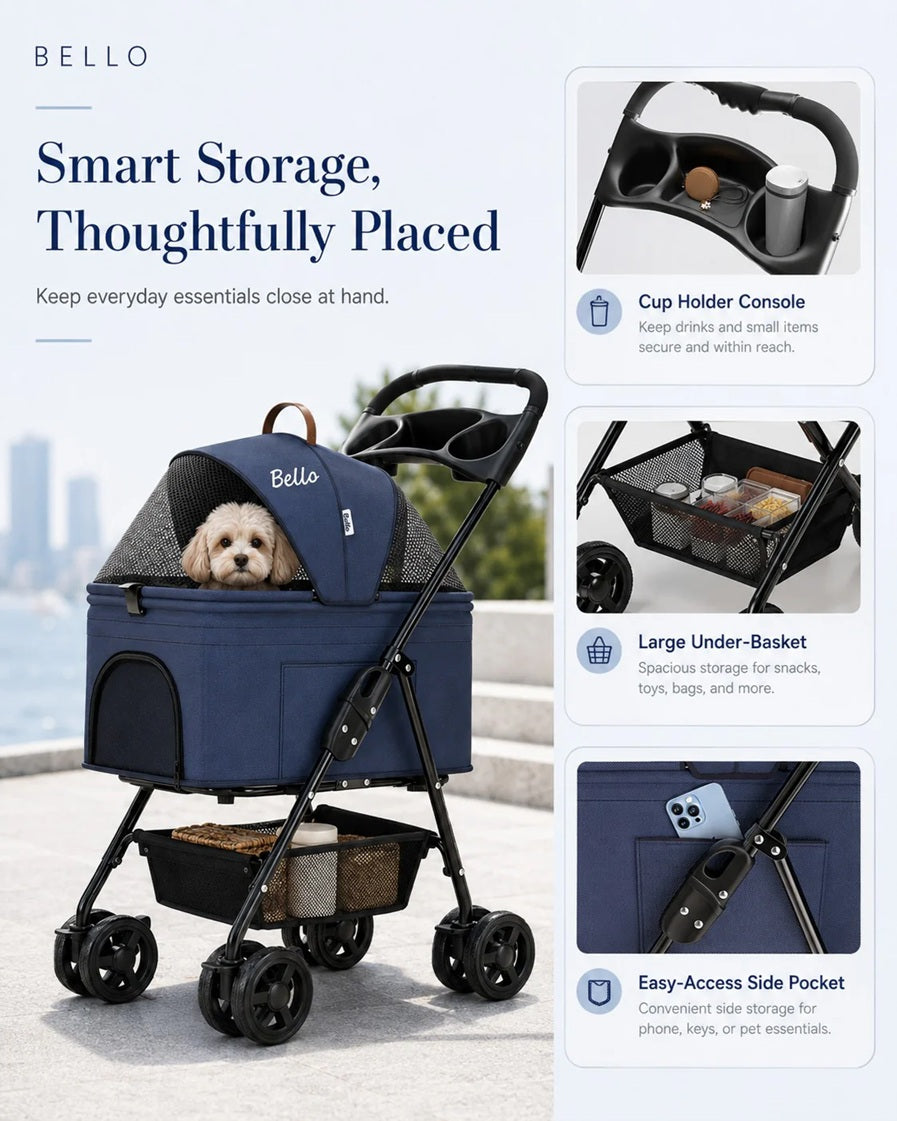 Bello SP02F2K 2in1 Detachable Lightweight Foldable Portable Pet Stroller Dog Cat Cart for Travel VMI
