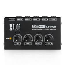 XTUGA MH400 Micro Sound Mixer Ultra Compact Low Noise 4 Channels Line Mixer Mini Audio Mixer with AC Adapter Use for Microphones Guitars Bass Keyboards Mixer Musical Instruments Operational Amplifier excels Audio performance audio amplification VMI Direct