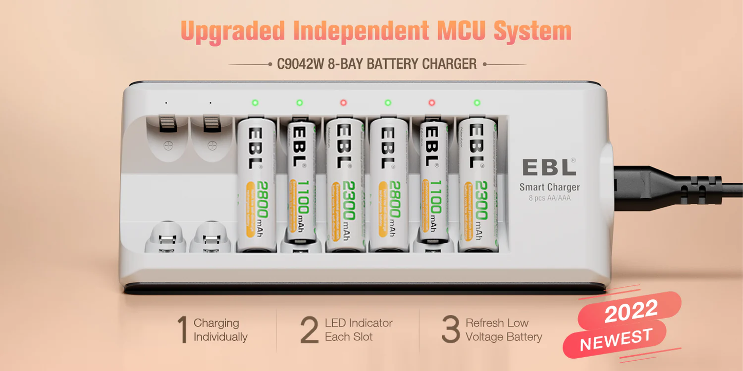 EBL LN-6499 808 8 Bay Smart Battery Charger for Rechargeable AA AAA Battery Fast Charging Slots VMI