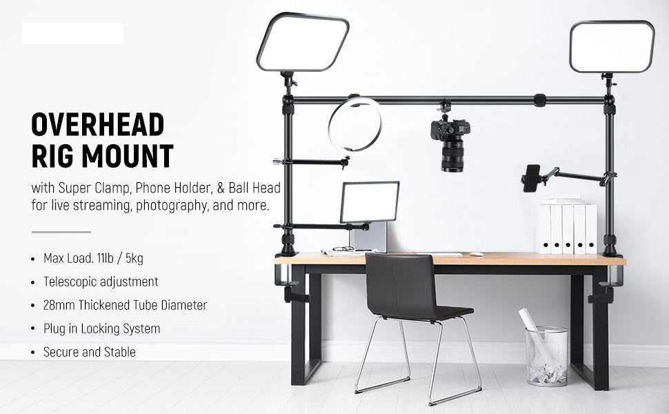 LS15 Overhead Camera Mount Rig with Dual Ball Head Super Clamp Phone Holder for Desktop Top Down Shots Metal Multi Device Mount Platform