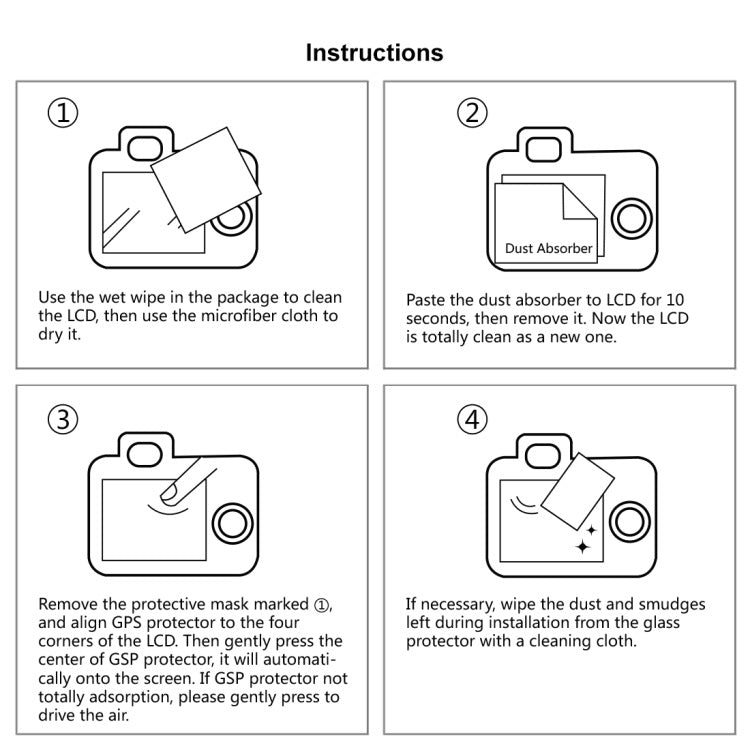 9H Tempered glass for mirrorless camera with installation instructions and cleaning tips