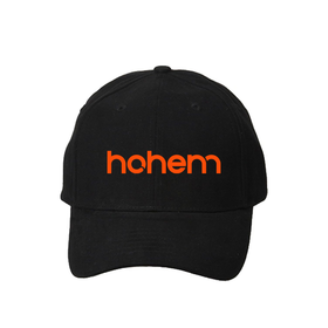 Black baseball cap with orange hochem logo, perfect for everyday wear and camera accessories enthusiasts