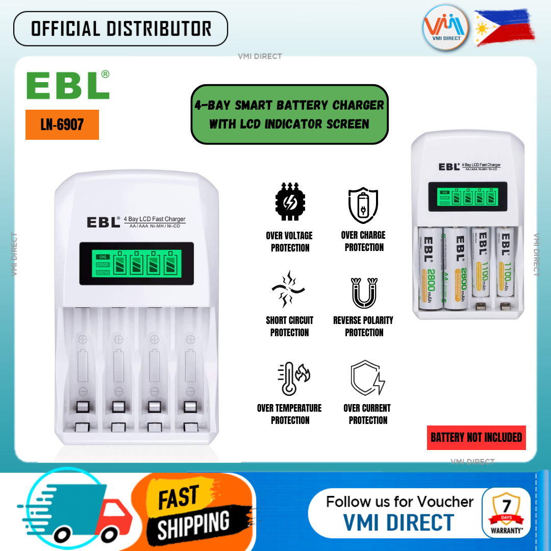 EBL LN-6907 4 Bay Fast Battery Charger with LCD Indicator Screen for AA AAA Rechargeable Battery