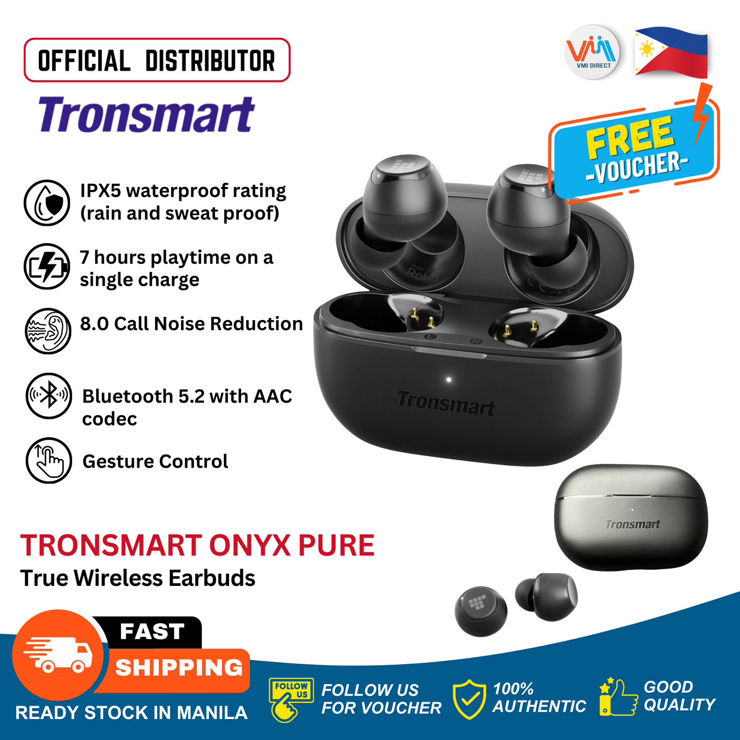 Tronsmart Onyx Pure Hybrid Dual Driver Noise Cancelation Earphone Wireless Earphone Smart Earbuds Headset Touch Control TWS Earphones w/ Bluetooth 7 Hours Playtime One Key Recovery IPX5 Water Resistant Rain And Sweat Proof Bluetooth Wireless Inpods Siri