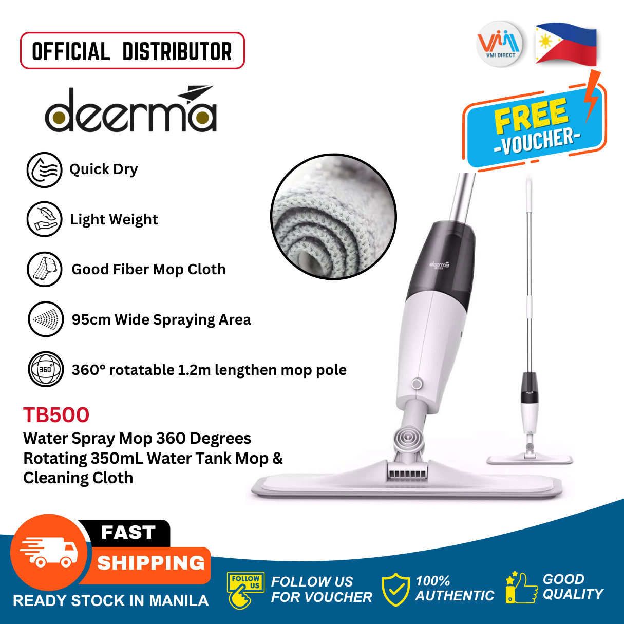 Deerma TB500 Water Spray Mop 360 Degrees Rotating 350mL Water Tank Mop-VMI DIRECT