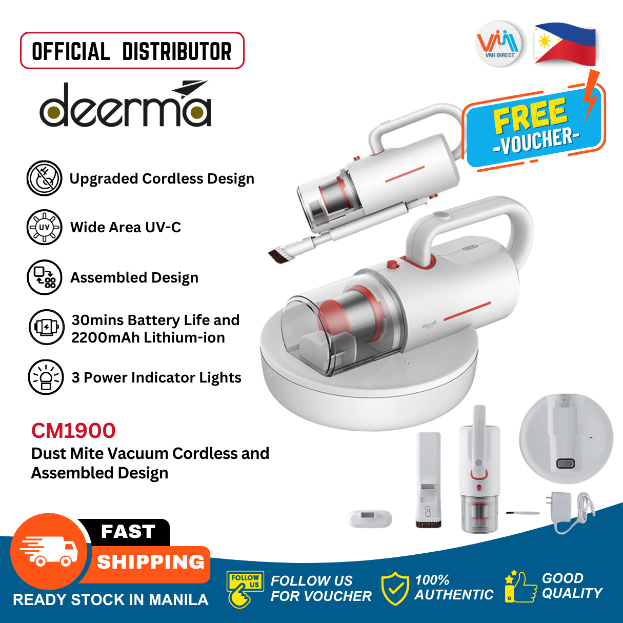 Deerma CM1900 Dust Mites Vacuum Cordless and Assembled Designed VMI Direct