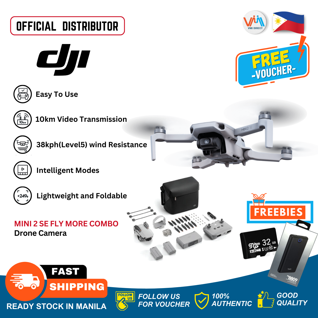 DJI Mini 2 SE Fly More Combo Remote-Controlled 2.7K HD Camera Drone with 32gb SD card & Power bank