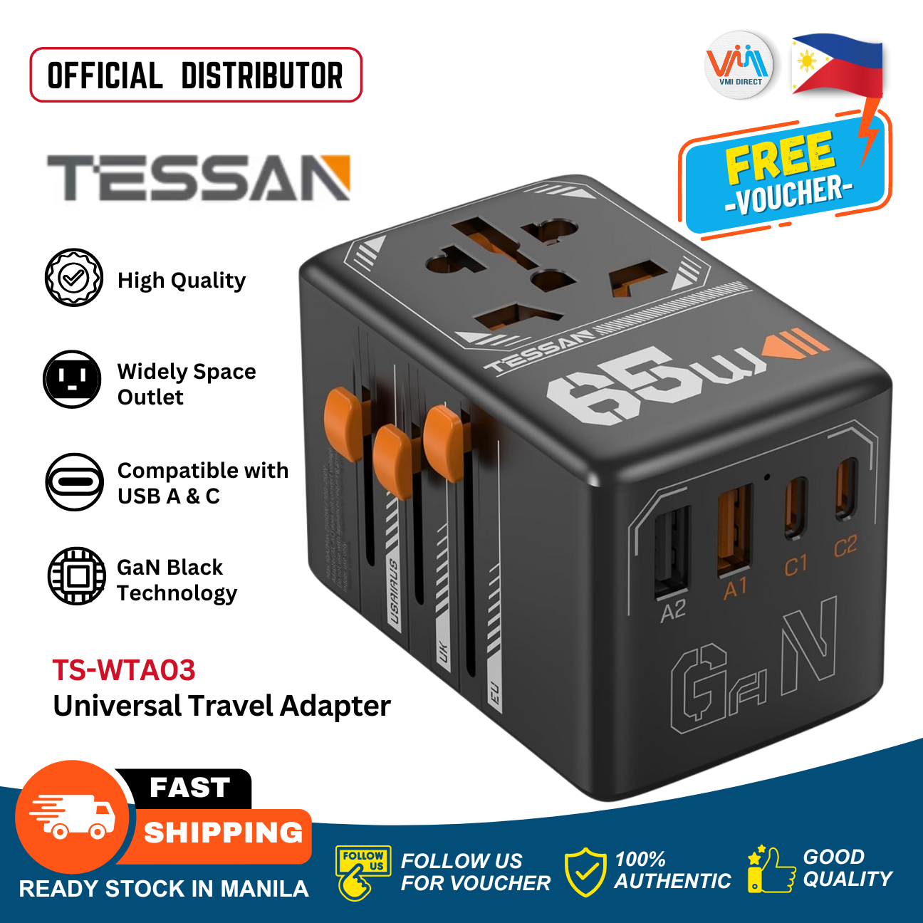 TESSAN TS-WTA03 Universal Travel Adapter with USB+Type C PD 65W Fast Charging Universal Plug Adaptor