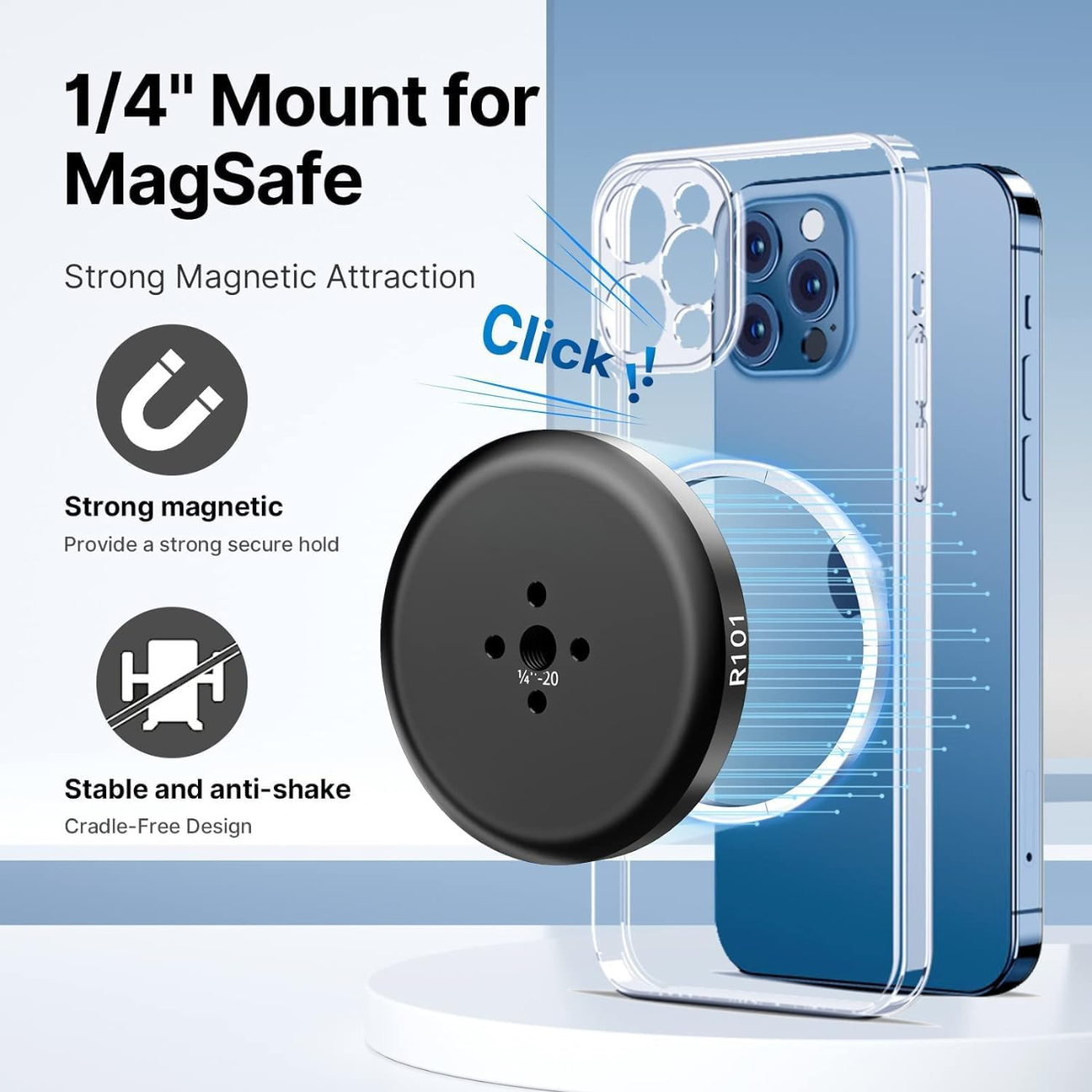 R101 1/4" Mount for MagSafe Lightweight and Compact Magnetic Tripod Mount Adapter Only for iPhone 14 13 12 Pro Pro Max Mini Round Anti Shake Magsafe Holder Case Cover Tripod  Selfie Stick Live Broadcast Tripod Vlog Blogging Recording Shooting VMI Direct