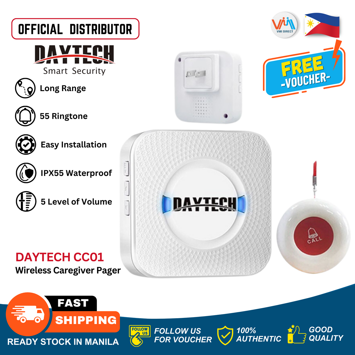 DAYTECH CC01 and VP02 Emergency Wireless Caregiver Pager Smart Call System Nurse Calling Alert Patient Help System Senior Alert Easy Installation Waterproof SOS Button 500 Feet. Range  for Shop Spa Home  Hospital Personal Attention Pager 1 Receiver 1 -VMI