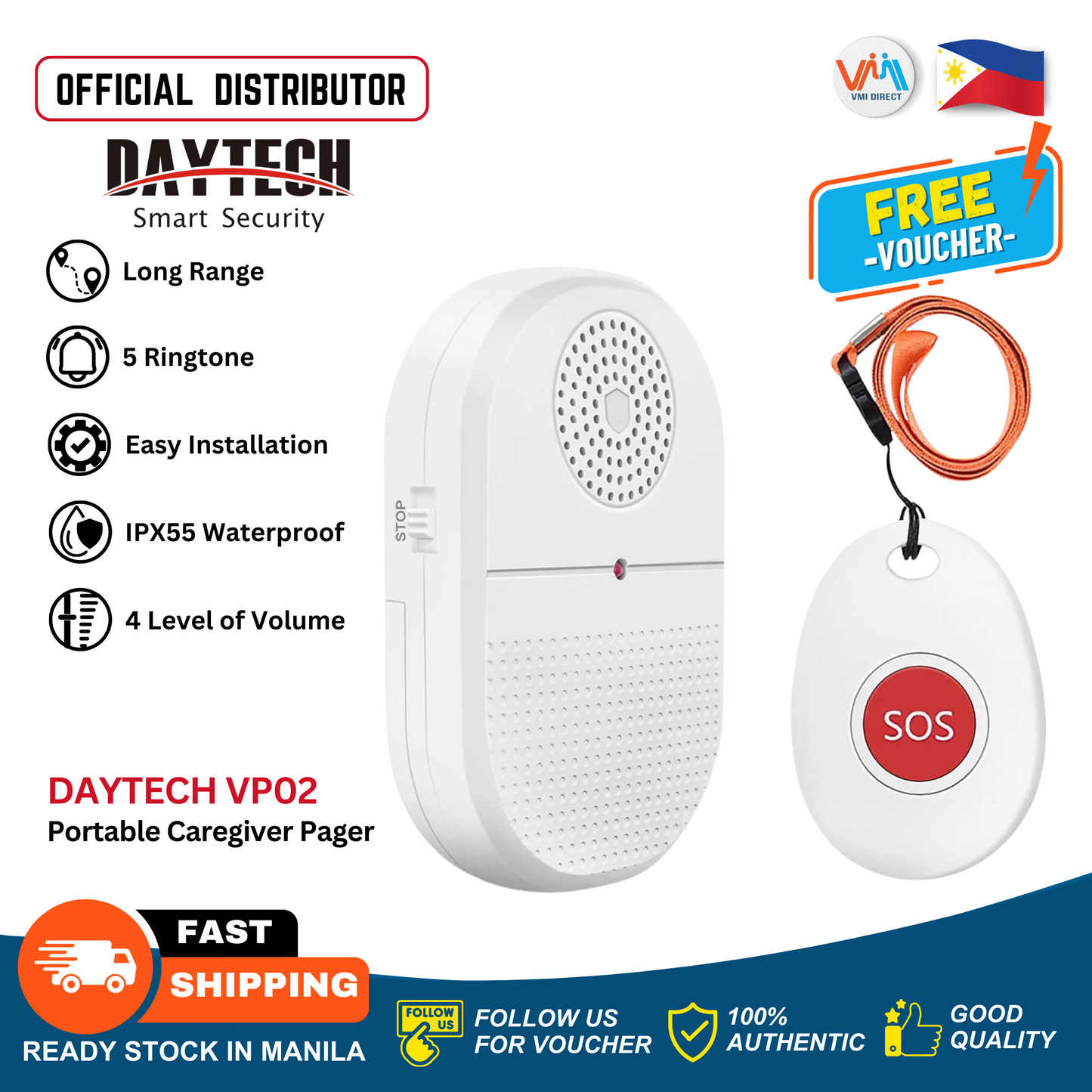 DAYTECH CC01 and VP02 Emergency Wireless Caregiver Pager Smart Call System Nurse Calling Alert Patient Help System Senior Alert Easy Installation Waterproof SOS Button 500 Feet. Range  for Shop Spa Home  Hospital Personal Attention Pager 1 Receiver 1 -VMI