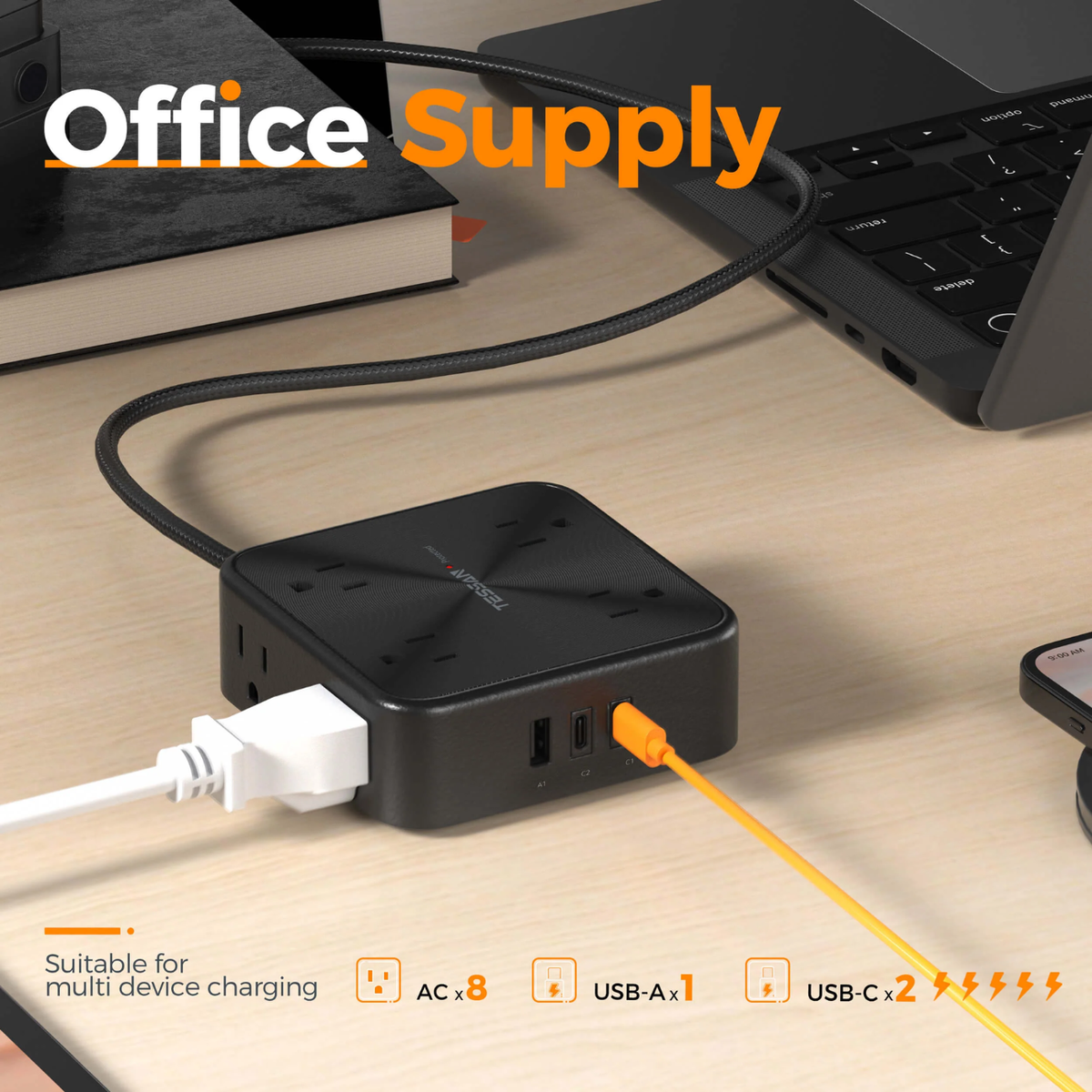 TESSAN PS03AUS Original 11in1 Power Strip with USB-C 6FT Braided Extension Cord cETLus Certified - VMI Direct